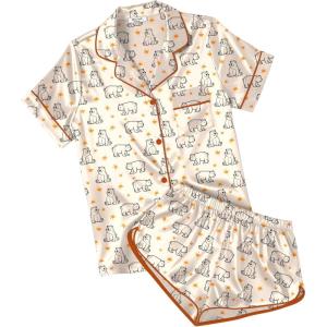 image:imageEkouaer Womens Silk Satin Pajamas Short Sleeve PJS Shorts Set Soft Button Down Sleepwear 2 Piece Loungewear S5XLLight Coffee Bear Print
