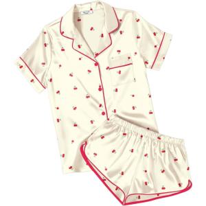 image:imageEkouaer Womens Silk Satin Pajamas Short Sleeve PJS Shorts Set Soft Button Down Sleepwear 2 Piece Loungewear S5XLLight Yellow Cherry Print