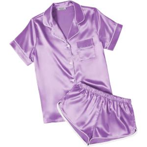 image:imageEkouaer Womens Silk Satin Pajamas Short Sleeve PJS Shorts Set Soft Button Down Sleepwear 2 Piece Loungewear S5XLLilac