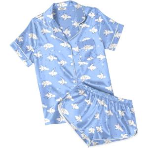 image:imageEkouaer Womens Silk Satin Pajamas Short Sleeve PJS Shorts Set Soft Button Down Sleepwear 2 Piece Loungewear S5XLMoon and White Clouds