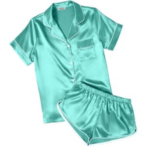 image:imageEkouaer Womens Silk Satin Pajamas Short Sleeve PJS Shorts Set Soft Button Down Sleepwear 2 Piece Loungewear S5XLPeacock Blue