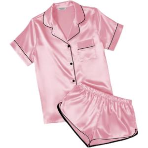 image:imageEkouaer Womens Silk Satin Pajamas Short Sleeve PJS Shorts Set Soft Button Down Sleepwear 2 Piece Loungewear S5XLPink