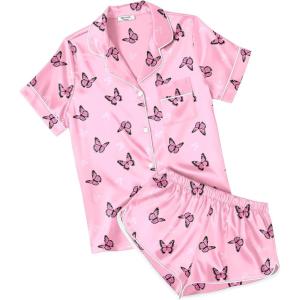 image:imageEkouaer Womens Silk Satin Pajamas Short Sleeve PJS Shorts Set Soft Button Down Sleepwear 2 Piece Loungewear S5XLPink Butterfly