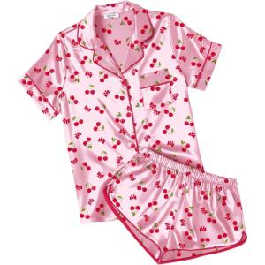 image:imageEkouaer Womens Silk Satin Pajamas Short Sleeve PJS Shorts Set Soft Button Down Sleepwear 2 Piece Loungewear S5XLPink Cherry Print