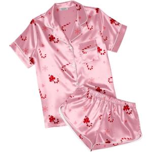 image:imageEkouaer Womens Silk Satin Pajamas Short Sleeve PJS Shorts Set Soft Button Down Sleepwear 2 Piece Loungewear S5XLPink Christmas Candy Cane
