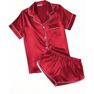 image:imageEkouaer Womens Silk Satin Pajamas Short Sleeve PJS Shorts Set Soft Button Down Sleepwear 2 Piece Loungewear S5XLRed