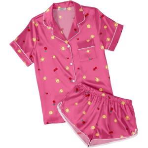 image:imageEkouaer Womens Silk Satin Pajamas Short Sleeve PJS Shorts Set Soft Button Down Sleepwear 2 Piece Loungewear S5XLRose Pink Teddy Bear
