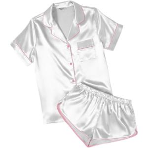 image:imageEkouaer Womens Silk Satin Pajamas Short Sleeve PJS Shorts Set Soft Button Down Sleepwear 2 Piece Loungewear S5XLWhite With Pink Piping