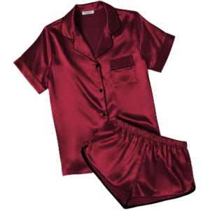image:imageEkouaer Womens Silk Satin Pajamas Short Sleeve PJS Shorts Set Soft Button Down Sleepwear 2 Piece Loungewear S5XLWine Red