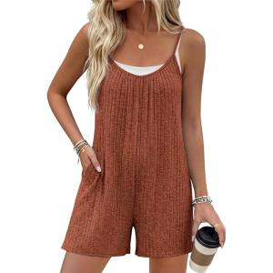 image:imageEkouaer Womens Summer Casual Rompers 2026 Loose Sleeveless Overalls Adjustable Shorts Jumpsuits with Pockets OutfitsCaramel Brown