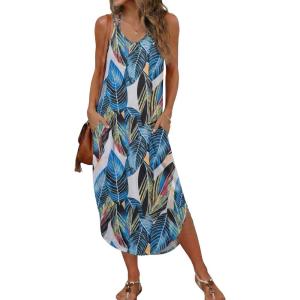 image:imageEkouaer Womens Swimsuit Beach Cover Up Dress Spaghetti Strap V Neck Swimwear A Line 2026 Bathing Suit Coverups with PocketsBig Leaves