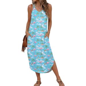 image:imageEkouaer Womens Swimsuit Beach Cover Up Dress Spaghetti Strap V Neck Swimwear A Line 2026 Bathing Suit Coverups with PocketsBlue Flamingo