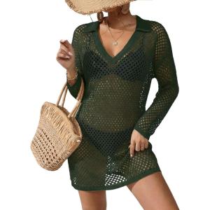 image:imageEkouaer Womens Swimsuit Cover Ups Crochet Swim Coverup Knit Bathing Suit Knit Beach Vacation Outfits SwimwearMilitary Green