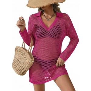 image:imageEkouaer Womens Swimsuit Cover Ups Crochet Swim Coverup Knit Bathing Suit Knit Beach Vacation Outfits SwimwearRose Red