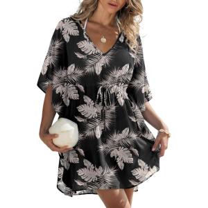 image:imageEkouaer Womens Swimsuit Coverup 2026 Sheer Chiffon Floral Print Sexy Bathing Suit Cover Up Swimwear BeachwearBlack Brown Leaf