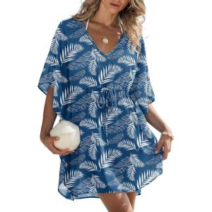 image:imageEkouaer Womens Swimsuit Coverup 2026 Sheer Chiffon Floral Print Sexy Bathing Suit Cover Up Swimwear BeachwearBlue White Leaf