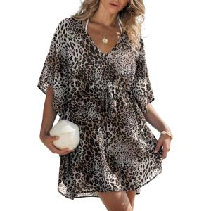 image:imageEkouaer Womens Swimsuit Coverup 2026 Sheer Chiffon Floral Print Sexy Bathing Suit Cover Up Swimwear BeachwearLeopard
