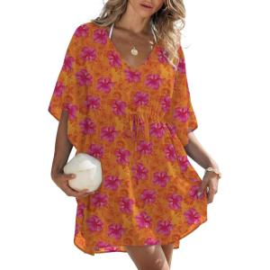 image:imageEkouaer Womens Swimsuit Coverup 2026 Sheer Chiffon Floral Print Sexy Bathing Suit Cover Up Swimwear BeachwearOrange Floarl