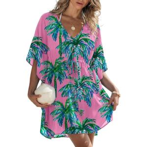 image:imageEkouaer Womens Swimsuit Coverup 2026 Sheer Chiffon Floral Print Sexy Bathing Suit Cover Up Swimwear BeachwearPink Coconut Tree