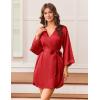 image:imageEkouaer Silk Robe for Women Short Satin Robe 34 Sleeves Lace Trim Kimono Bathrobe Sexy Bride Bridsmaid Sleepwear with PocketRed