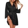 image:imageEkouaer Silk Robe for Women Short Satin Robe 34 Sleeves Lace Trim Kimono Bathrobe Sexy Bride Bridsmaid Sleepwear with PocketBlack