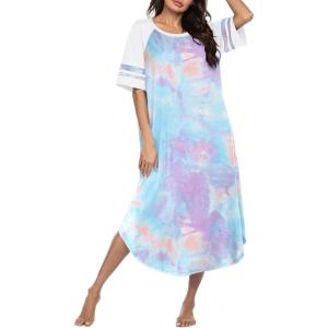 image:imageEkouaer Nightgowns for Women Cotton Long Night Gowns Plus Size Moo Moos Short Sleeve House Dress Soft Sleep Shirts S5XLPurple Tie Dye