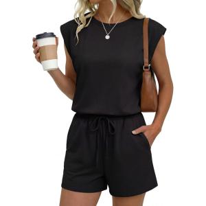 image:imageEkouaer Womens Romper with Pockets Summer Short Jumpsuit Casual Cap Sleeve Drawstring One Piece Lounge Vacation Beach OutfitBlack