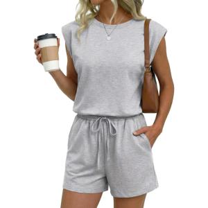 image:imageEkouaer Womens Romper with Pockets Summer Short Jumpsuit Casual Cap Sleeve Drawstring One Piece Lounge Vacation Beach OutfitGrey