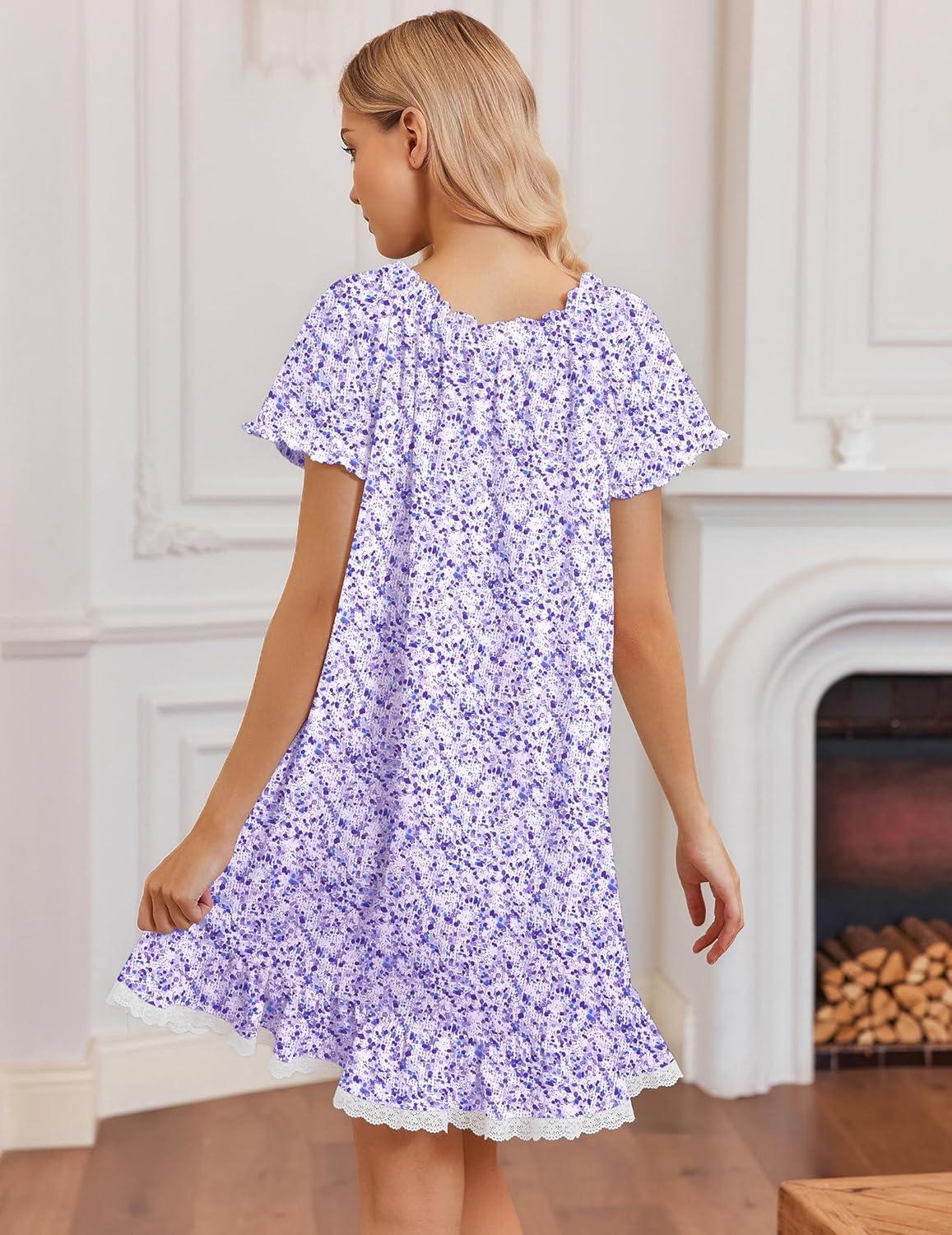 image:imageEkouaer Cotton Nightgowns for Women Vintage Victorian Night Gowns Short Sleeve Sleep Shirts Lace Sleep Dress Soft SleepwearFloral Purple