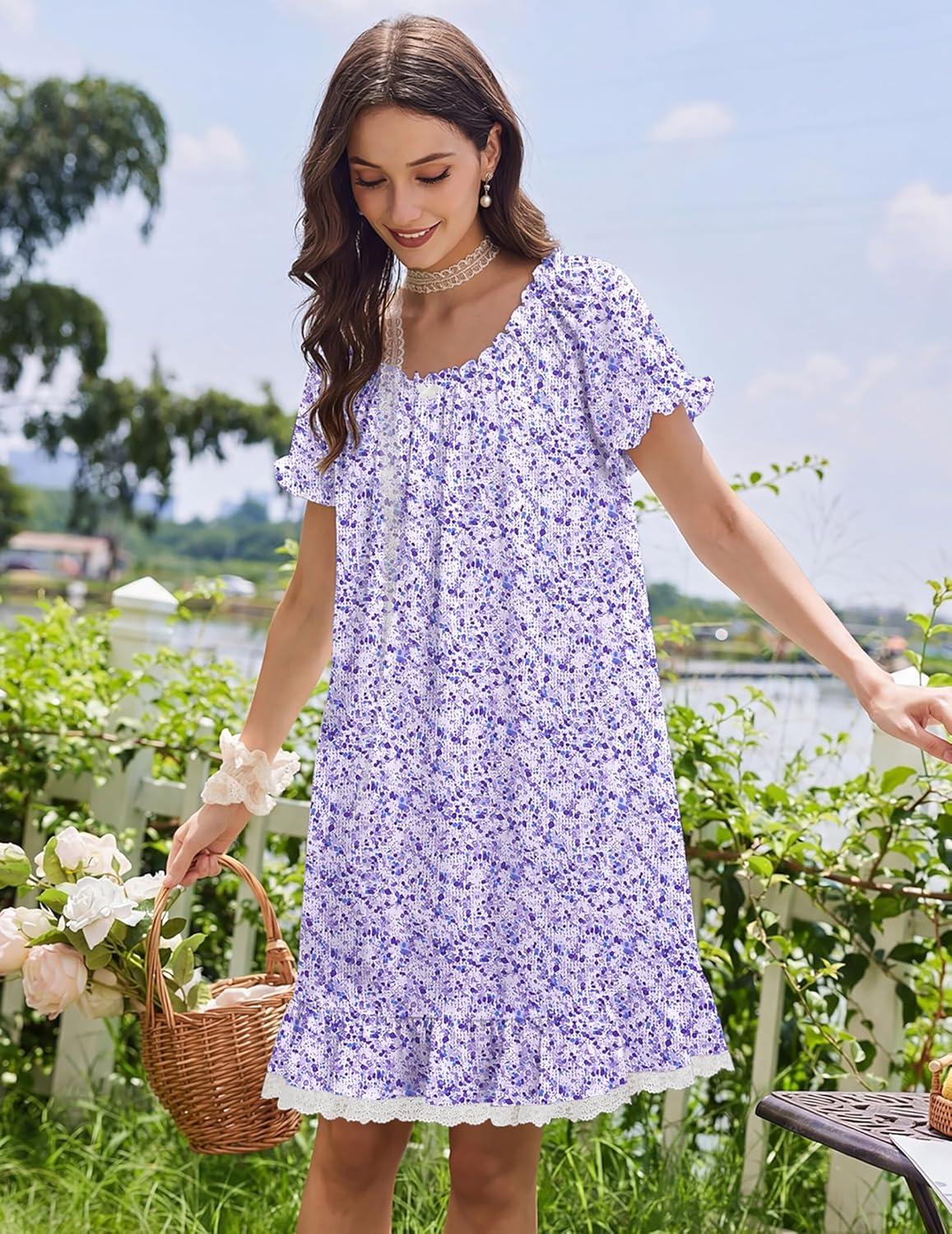 image:imageEkouaer Cotton Nightgowns for Women Vintage Victorian Night Gowns Short Sleeve Sleep Shirts Lace Sleep Dress Soft SleepwearFloral Purple