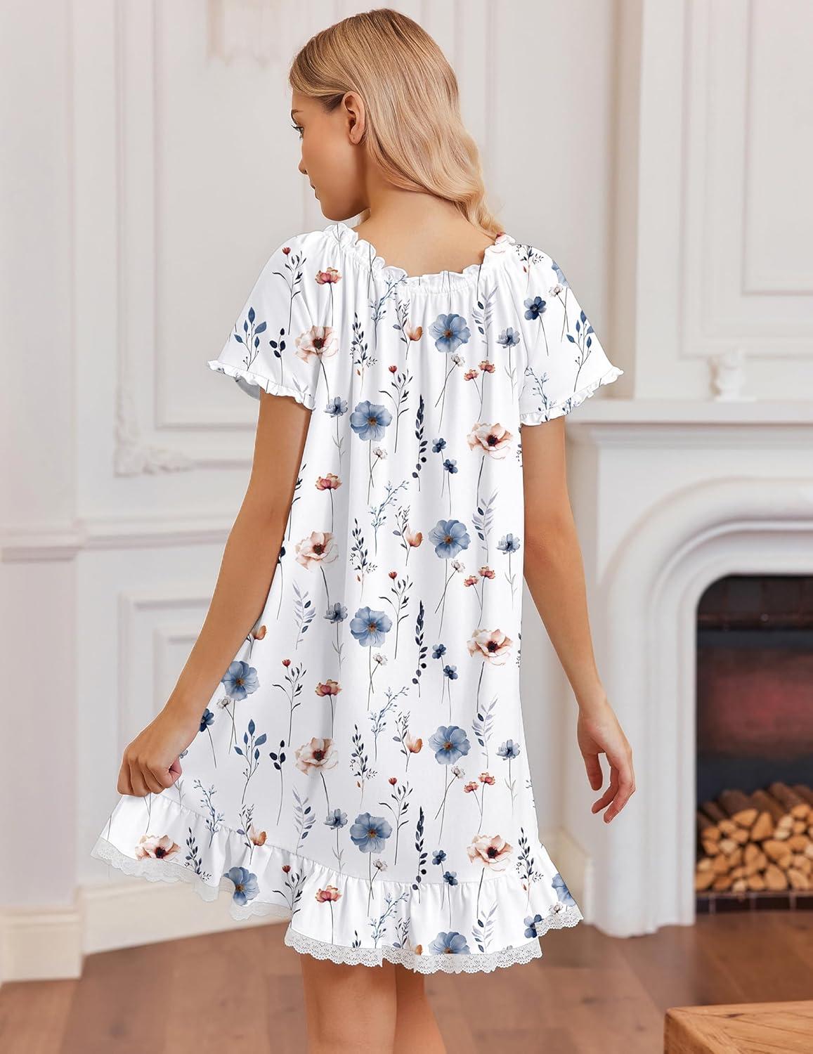 image:imageEkouaer Cotton Nightgowns for Women Vintage Victorian Night Gowns Short Sleeve Sleep Shirts Lace Sleep Dress Soft SleepwearFloral White