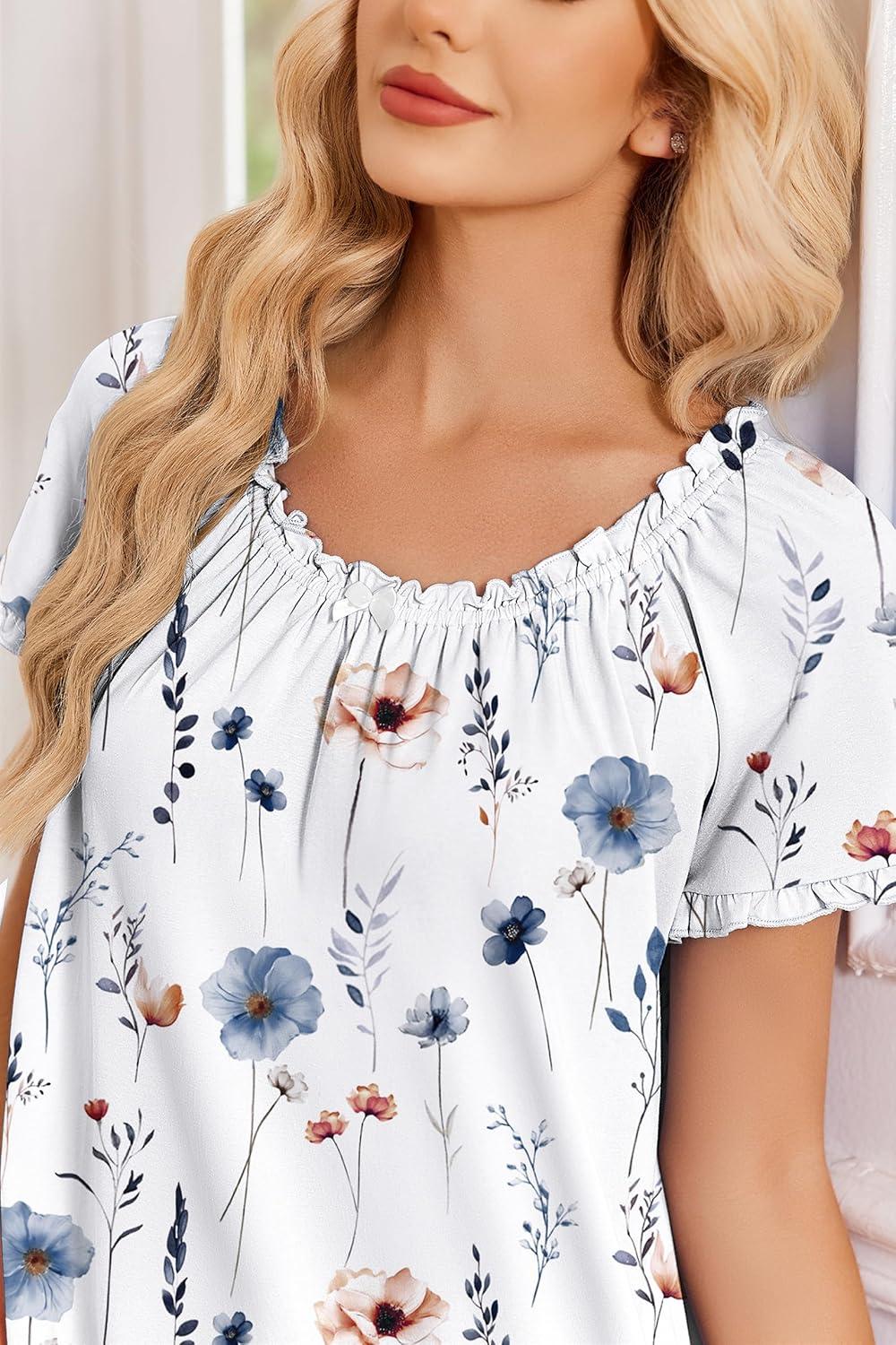image:imageEkouaer Cotton Nightgowns for Women Vintage Victorian Night Gowns Short Sleeve Sleep Shirts Lace Sleep Dress Soft SleepwearFloral White