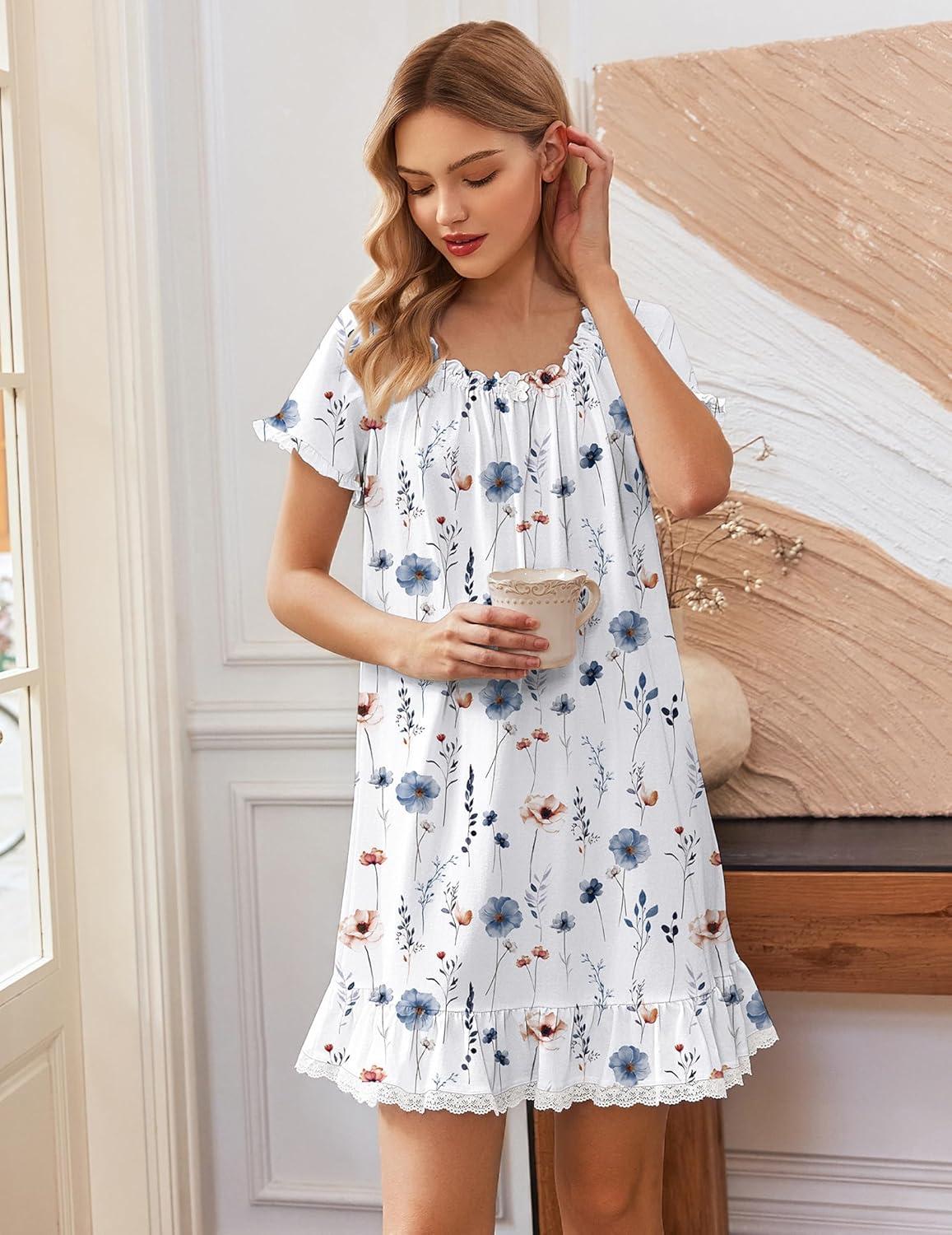 image:imageEkouaer Cotton Nightgowns for Women Vintage Victorian Night Gowns Short Sleeve Sleep Shirts Lace Sleep Dress Soft SleepwearFloral White