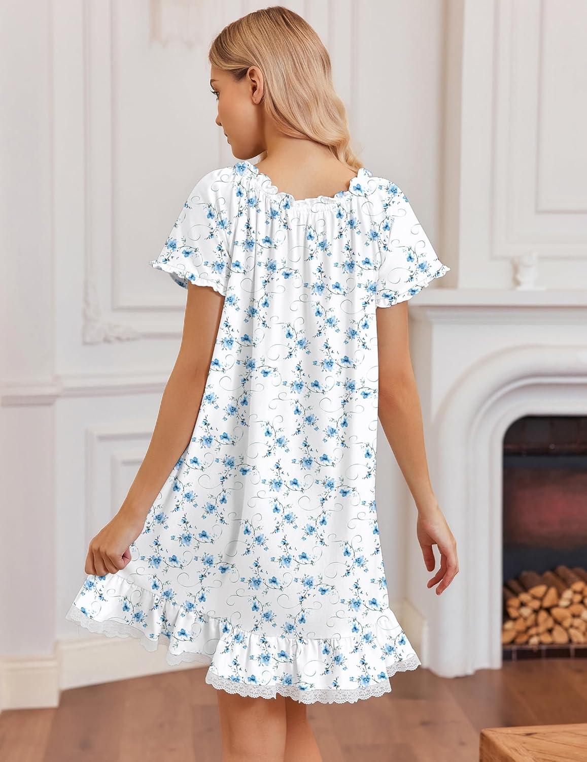image:imageEkouaer Cotton Nightgowns for Women Vintage Victorian Night Gowns Short Sleeve Sleep Shirts Lace Sleep Dress Soft SleepwearFlowers Blue White