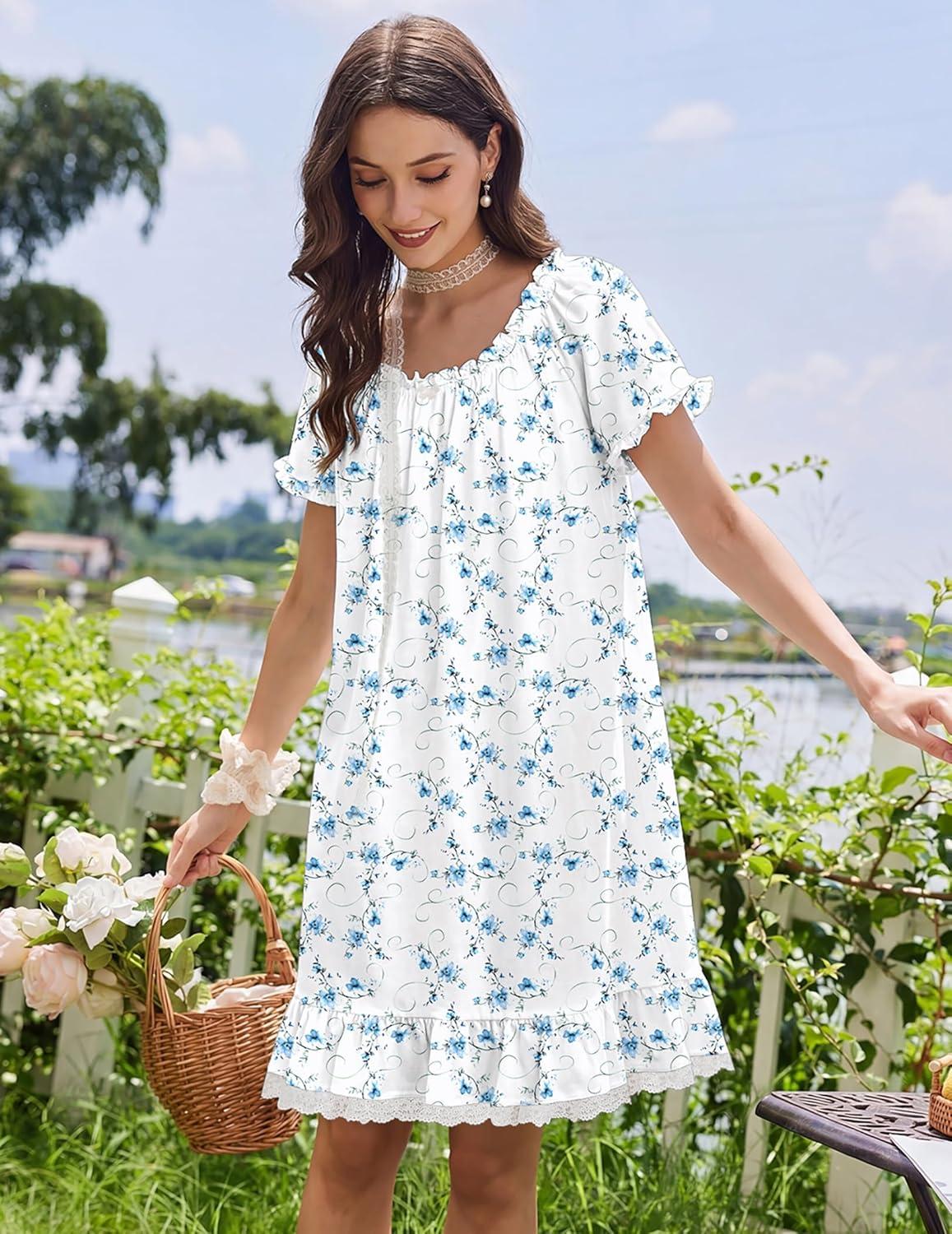 image:imageEkouaer Cotton Nightgowns for Women Vintage Victorian Night Gowns Short Sleeve Sleep Shirts Lace Sleep Dress Soft SleepwearFlowers Blue White