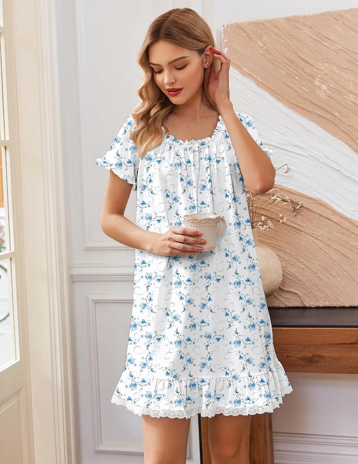 image:imageEkouaer Cotton Nightgowns for Women Vintage Victorian Night Gowns Short Sleeve Sleep Shirts Lace Sleep Dress Soft SleepwearFlowers Blue White