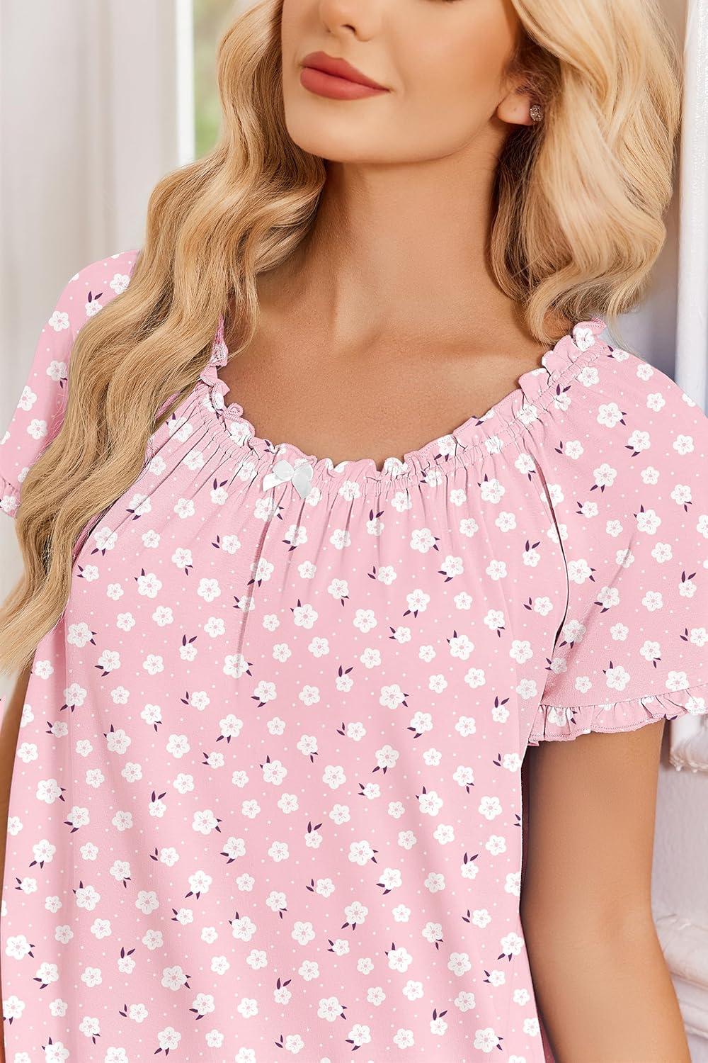 image:imageEkouaer Cotton Nightgowns for Women Vintage Victorian Night Gowns Short Sleeve Sleep Shirts Lace Sleep Dress Soft SleepwearFlowers Pink