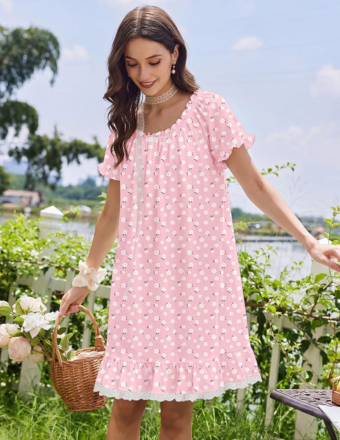 image:imageEkouaer Cotton Nightgowns for Women Vintage Victorian Night Gowns Short Sleeve Sleep Shirts Lace Sleep Dress Soft SleepwearFlowers Pink
