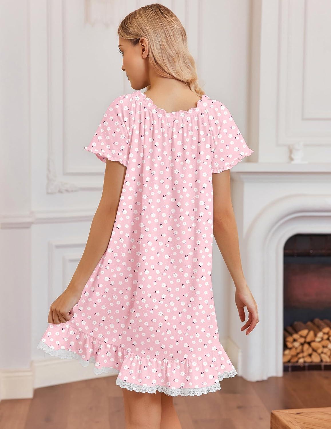 image:imageEkouaer Cotton Nightgowns for Women Vintage Victorian Night Gowns Short Sleeve Sleep Shirts Lace Sleep Dress Soft SleepwearFlowers Pink