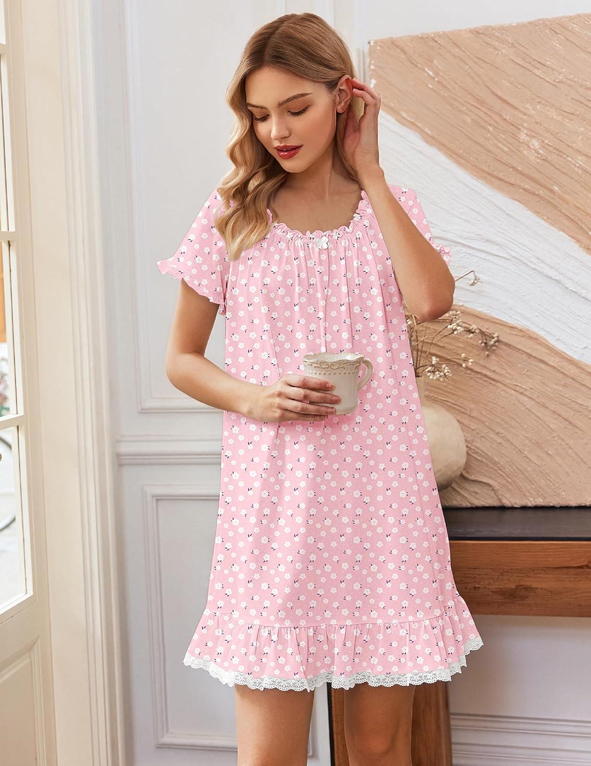 image:imageEkouaer Cotton Nightgowns for Women Vintage Victorian Night Gowns Short Sleeve Sleep Shirts Lace Sleep Dress Soft SleepwearFlowers Pink