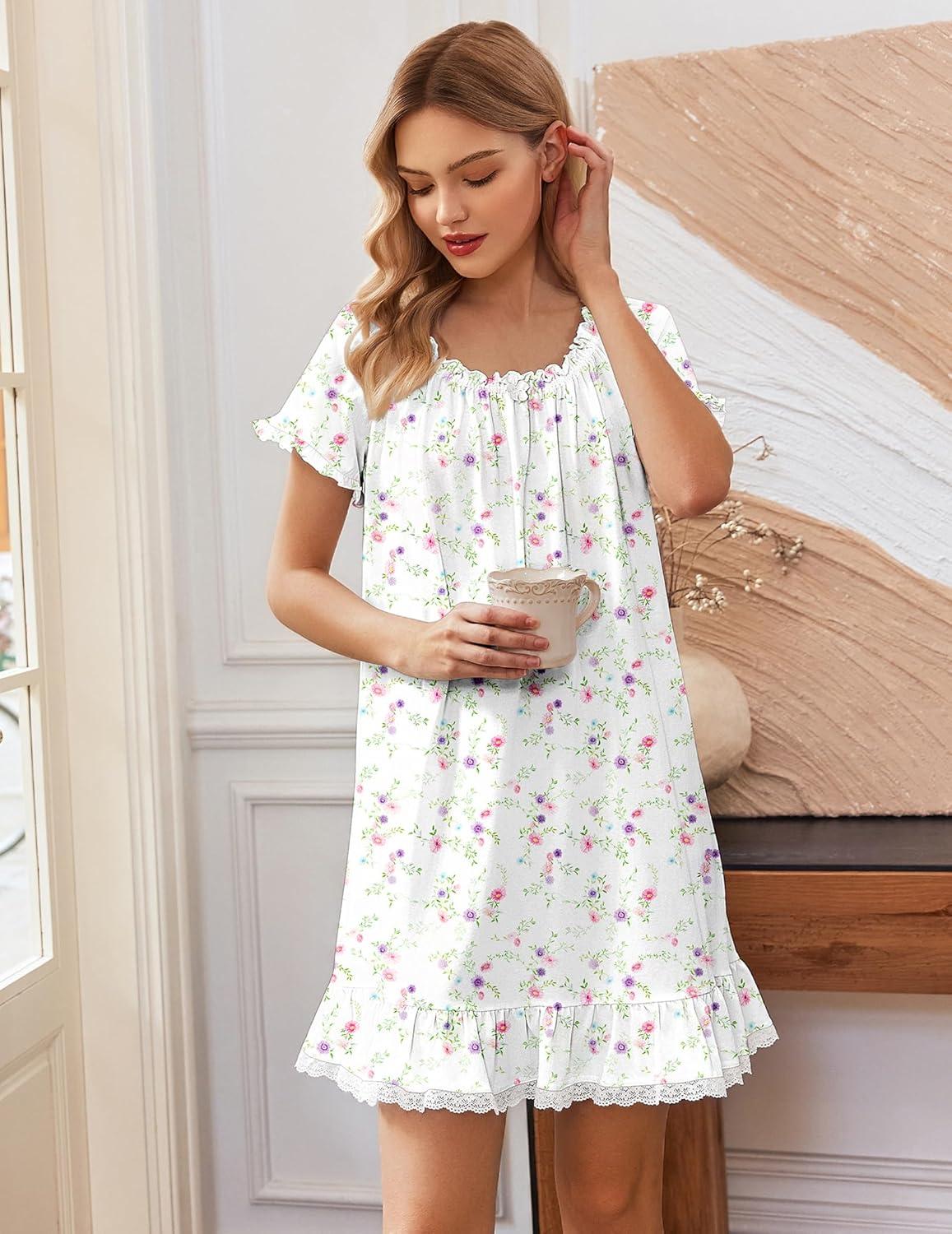 image:imageEkouaer Cotton Nightgowns for Women Vintage Victorian Night Gowns Short Sleeve Sleep Shirts Lace Sleep Dress Soft SleepwearFlowers White