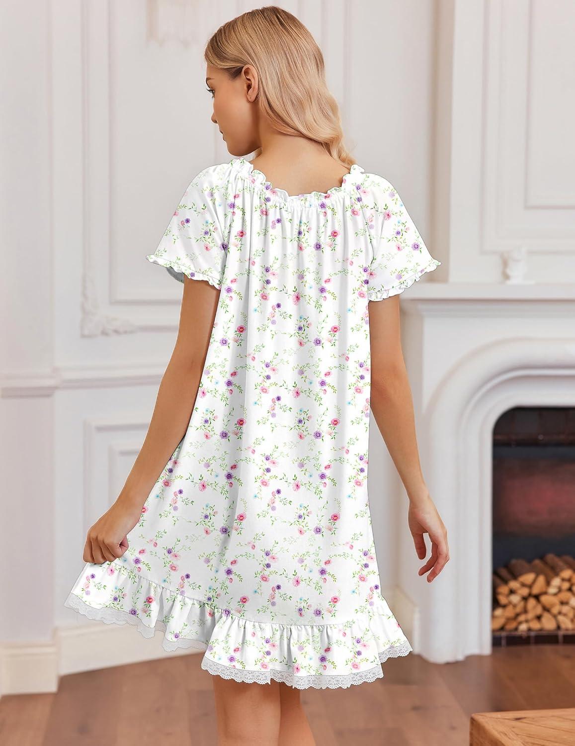 image:imageEkouaer Cotton Nightgowns for Women Vintage Victorian Night Gowns Short Sleeve Sleep Shirts Lace Sleep Dress Soft SleepwearFlowers White
