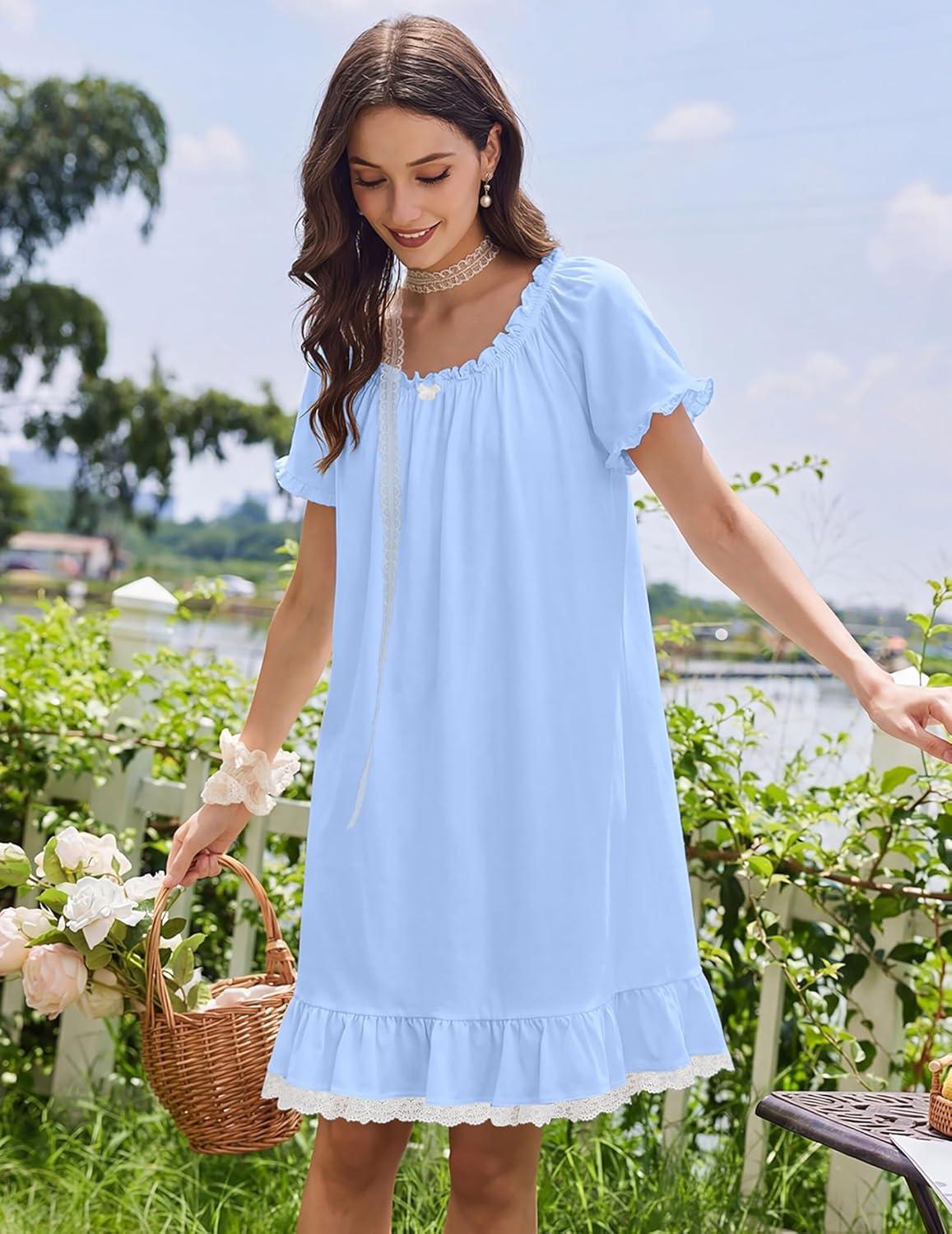 image:imageEkouaer Cotton Nightgowns for Women Vintage Victorian Night Gowns Short Sleeve Sleep Shirts Lace Sleep Dress Soft SleepwearLight Blue