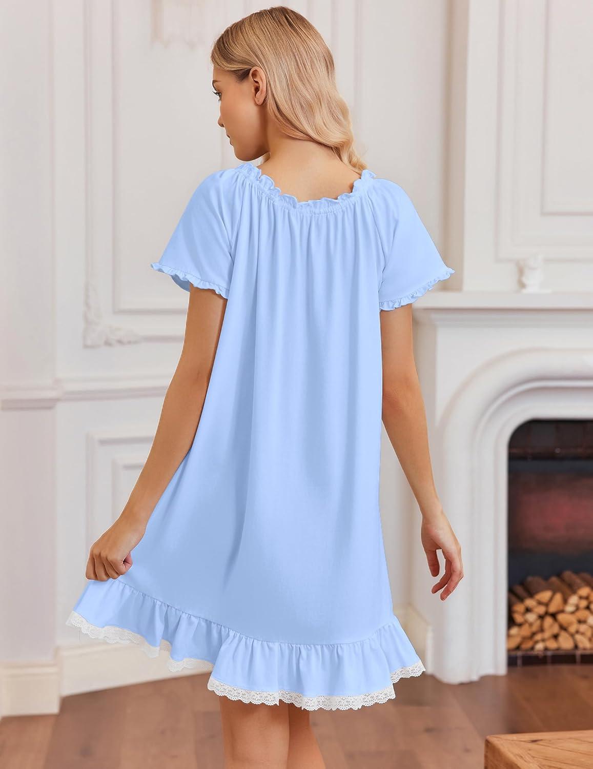 image:imageEkouaer Cotton Nightgowns for Women Vintage Victorian Night Gowns Short Sleeve Sleep Shirts Lace Sleep Dress Soft SleepwearLight Blue