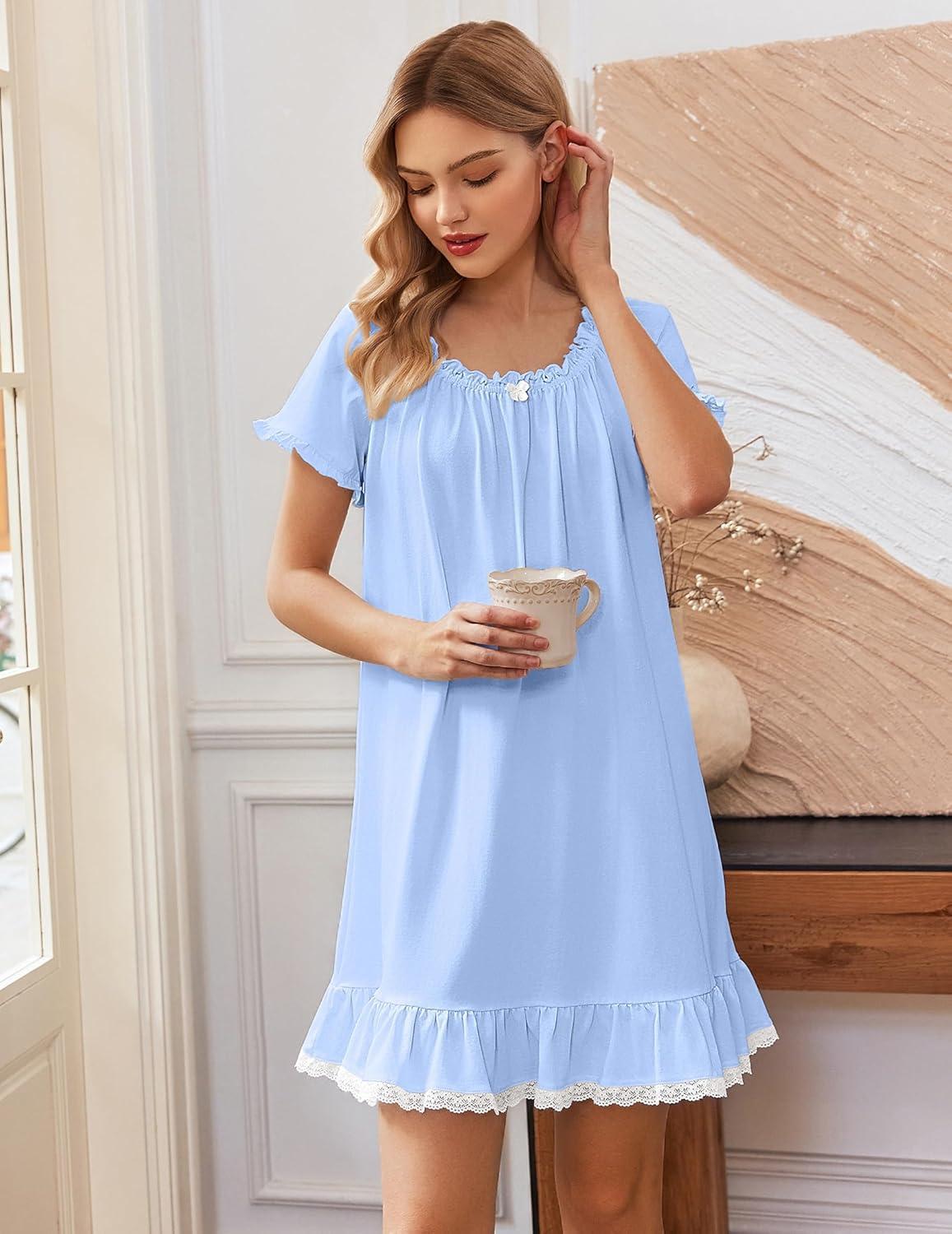 image:imageEkouaer Cotton Nightgowns for Women Vintage Victorian Night Gowns Short Sleeve Sleep Shirts Lace Sleep Dress Soft SleepwearLight Blue