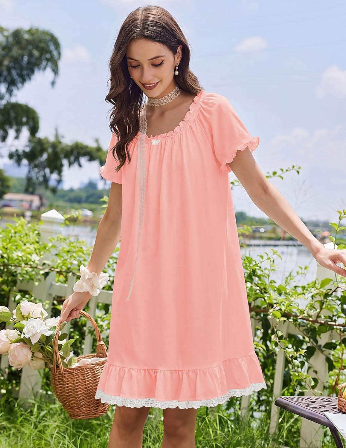 image:imageEkouaer Cotton Nightgowns for Women Vintage Victorian Night Gowns Short Sleeve Sleep Shirts Lace Sleep Dress Soft SleepwearPink