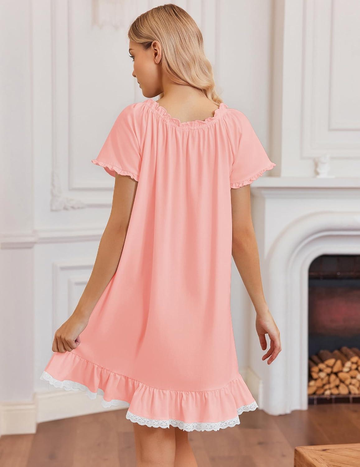 image:imageEkouaer Cotton Nightgowns for Women Vintage Victorian Night Gowns Short Sleeve Sleep Shirts Lace Sleep Dress Soft SleepwearPink