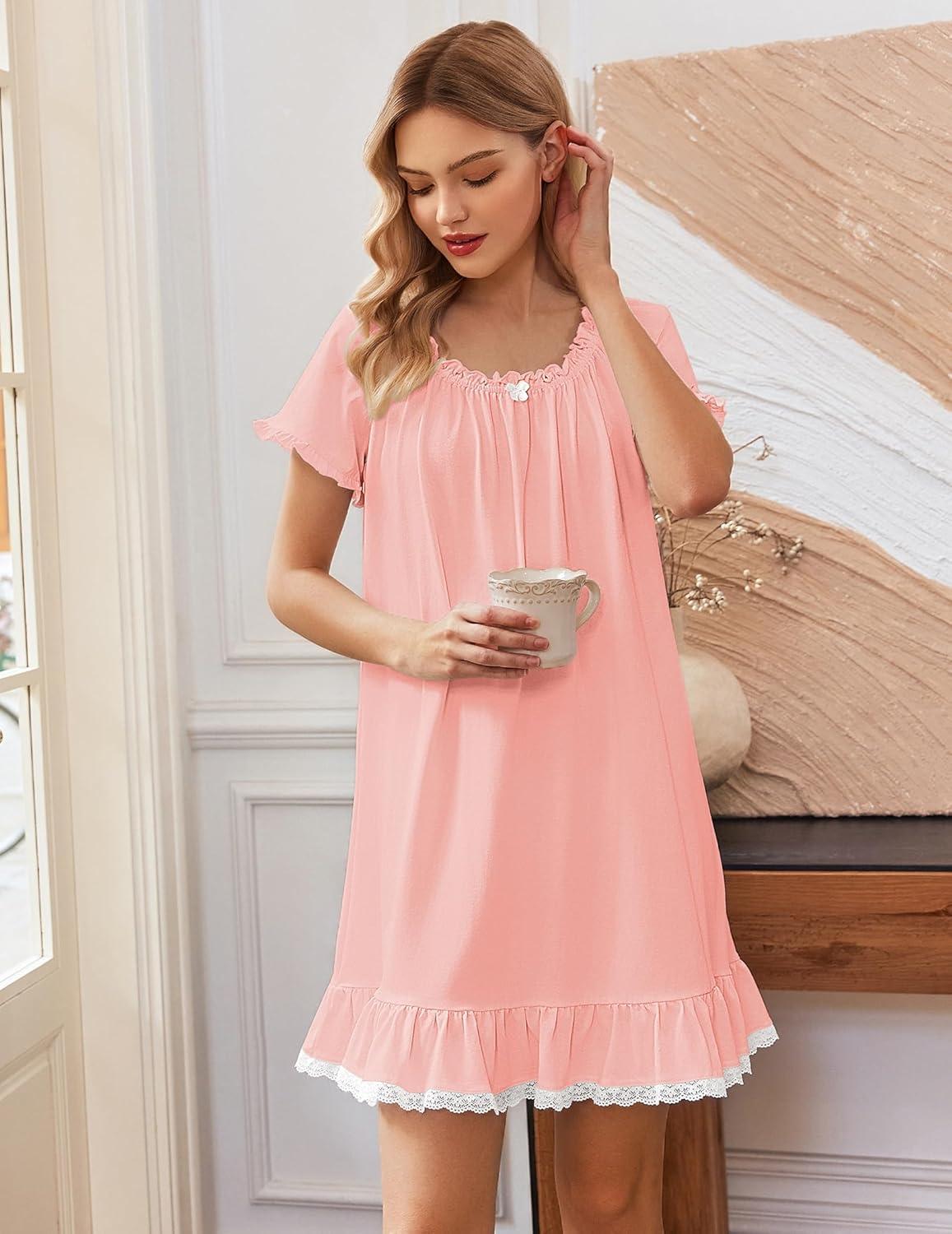 image:imageEkouaer Cotton Nightgowns for Women Vintage Victorian Night Gowns Short Sleeve Sleep Shirts Lace Sleep Dress Soft SleepwearPink