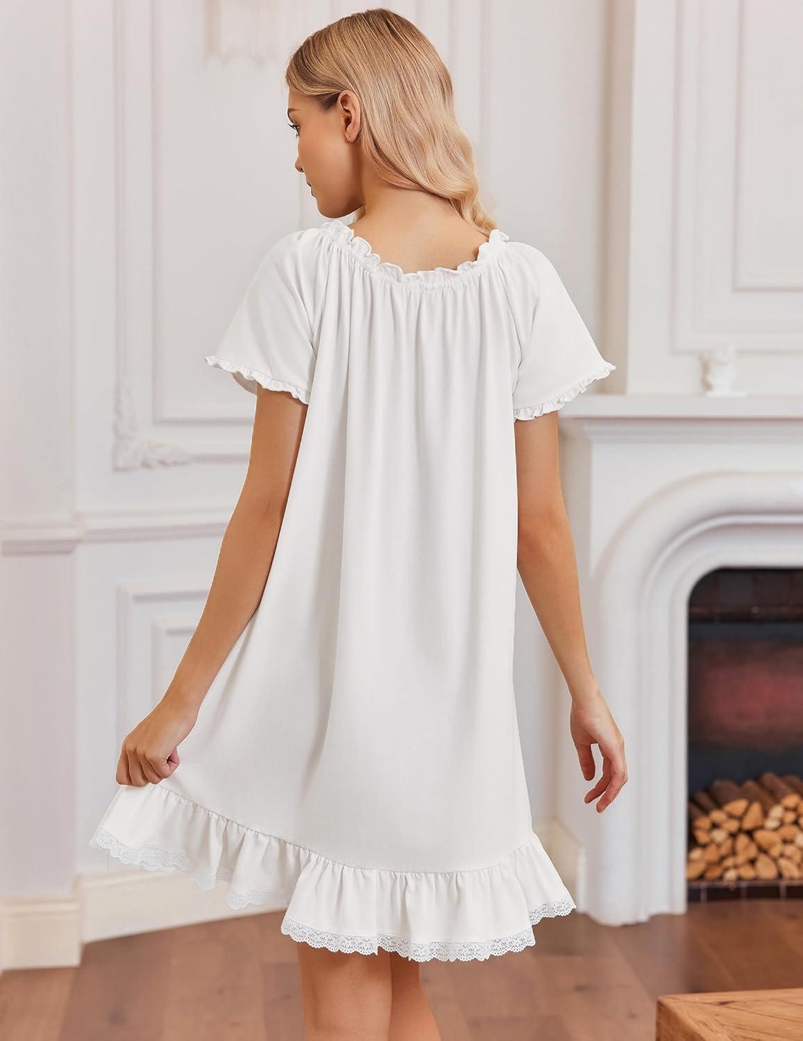 image:imageEkouaer Cotton Nightgowns for Women Vintage Victorian Night Gowns Short Sleeve Sleep Shirts Lace Sleep Dress Soft SleepwearWhite