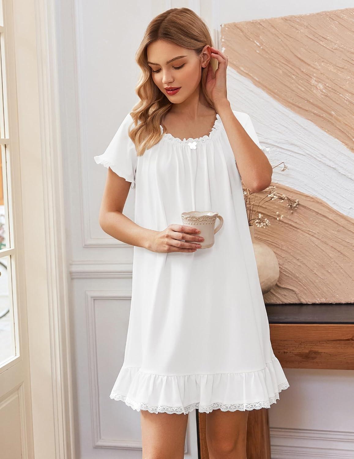 image:imageEkouaer Cotton Nightgowns for Women Vintage Victorian Night Gowns Short Sleeve Sleep Shirts Lace Sleep Dress Soft SleepwearWhite